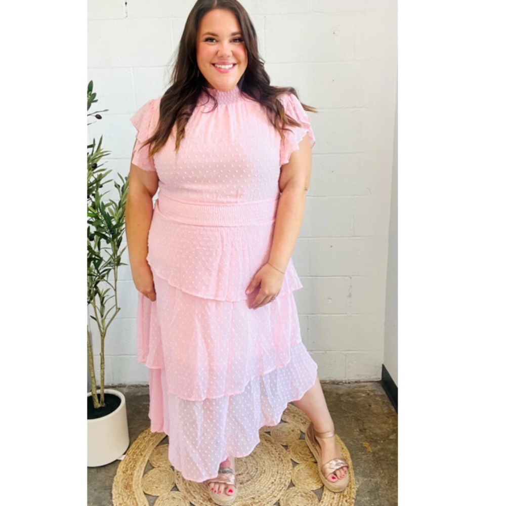 🌹 “The Constance" Blush Swiss Dot Asymmetric Tiered Maxi Dress